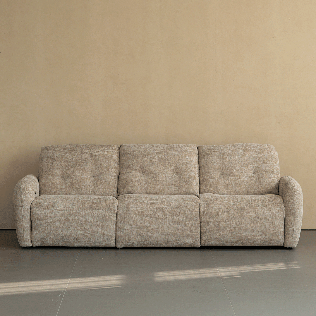 Cream chenille velvet fabric recliner 4 seater sofa mellow color swatches.