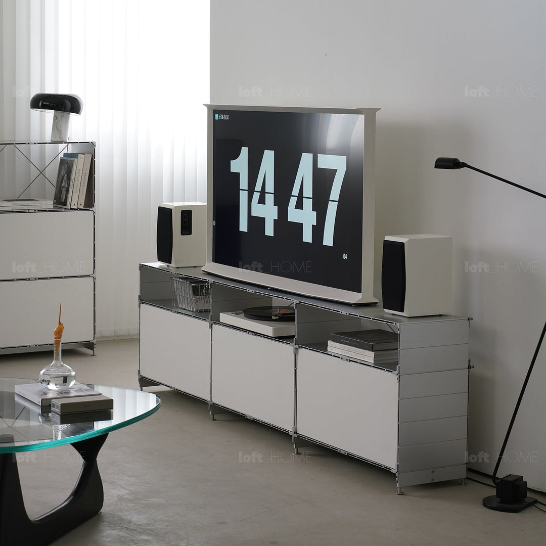 Bauhaus aluminium tv console cube in close up details.