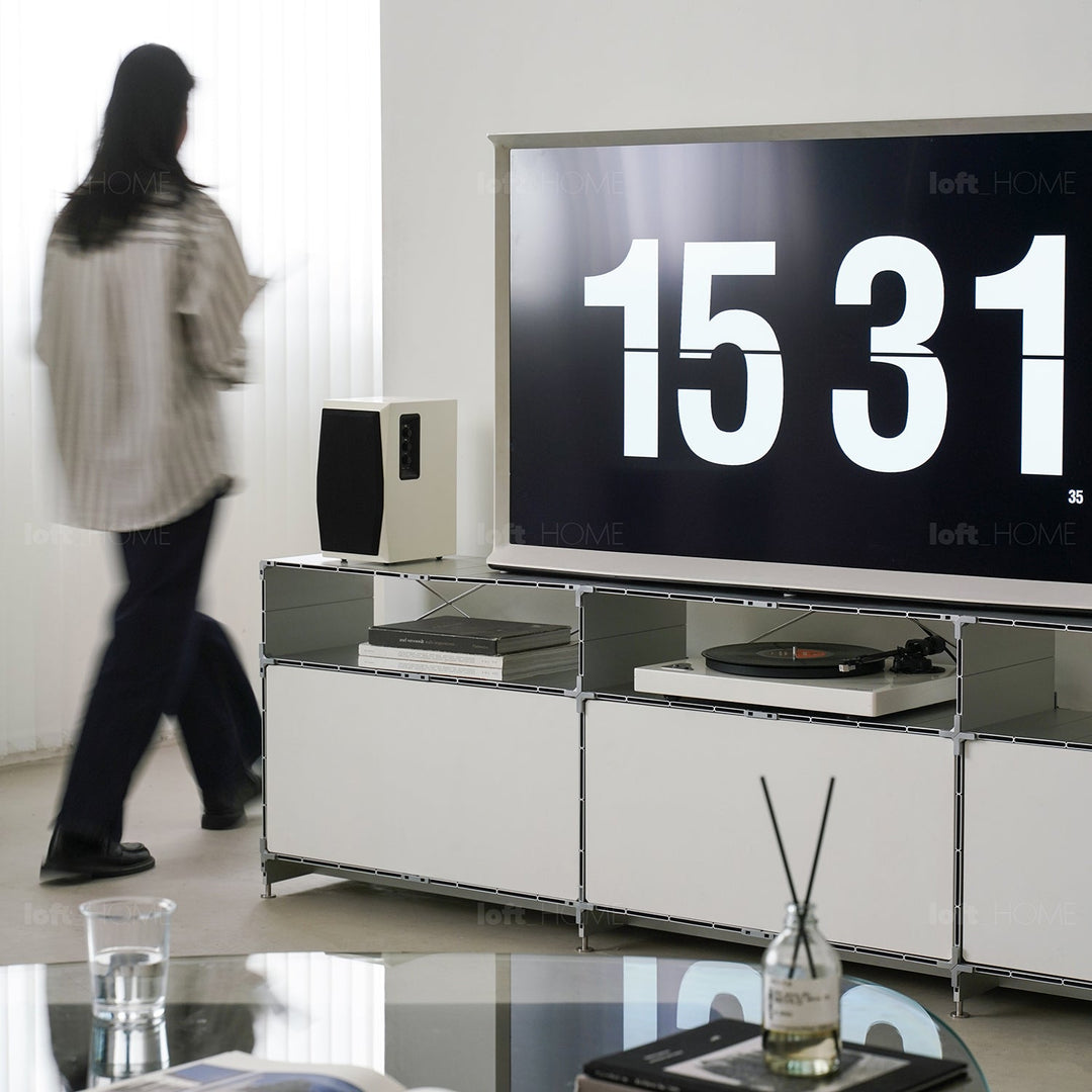Bauhaus aluminium tv console cube in panoramic view.