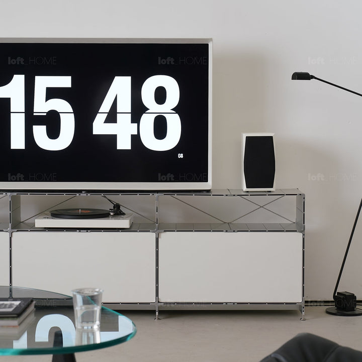 Bauhaus aluminium tv console cube in still life.