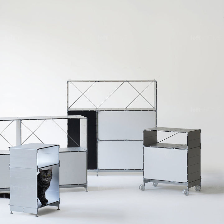 Industrial aluminium wheeled trolley side table cube environmental situation.