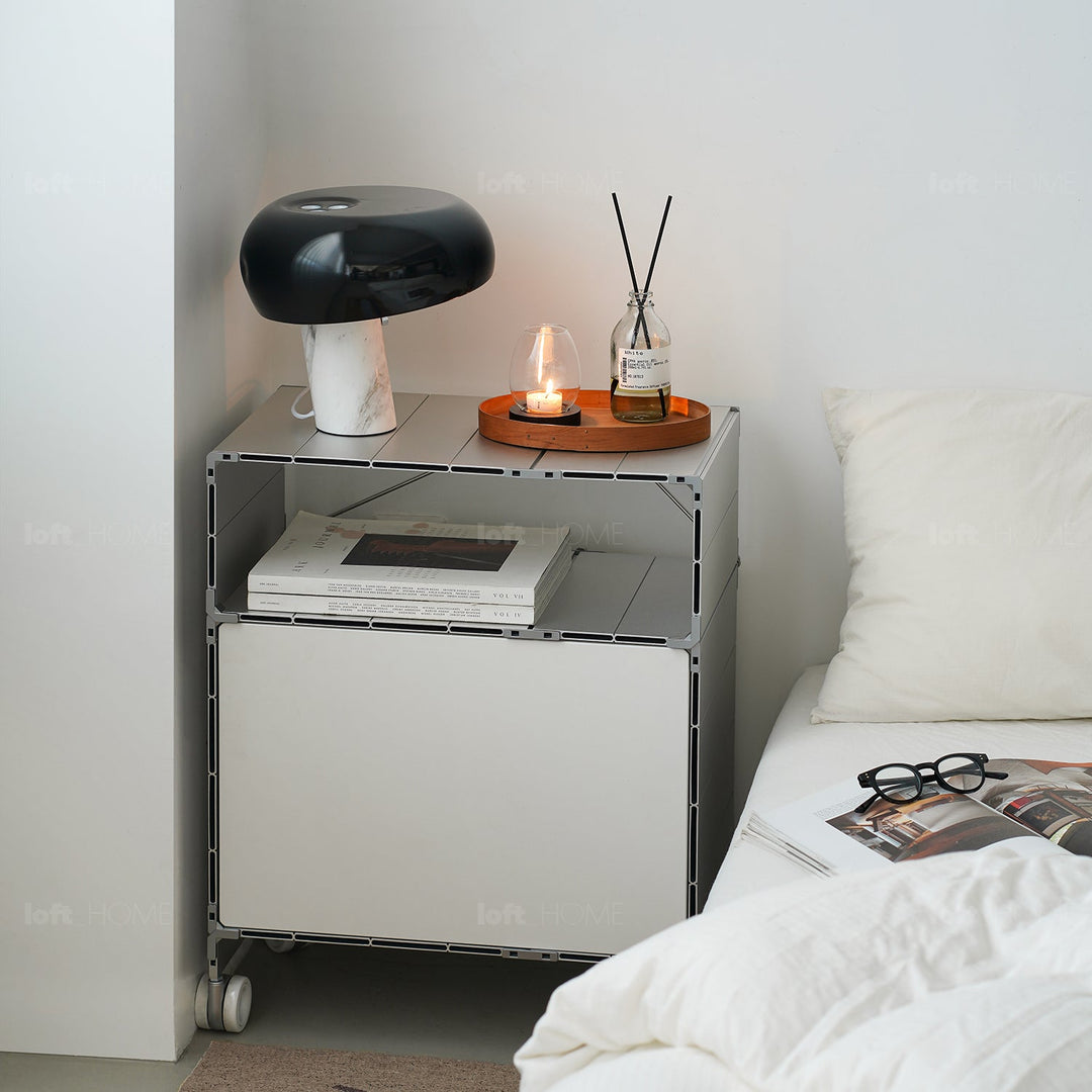 Industrial aluminium wheeled trolley side table cube primary product view.