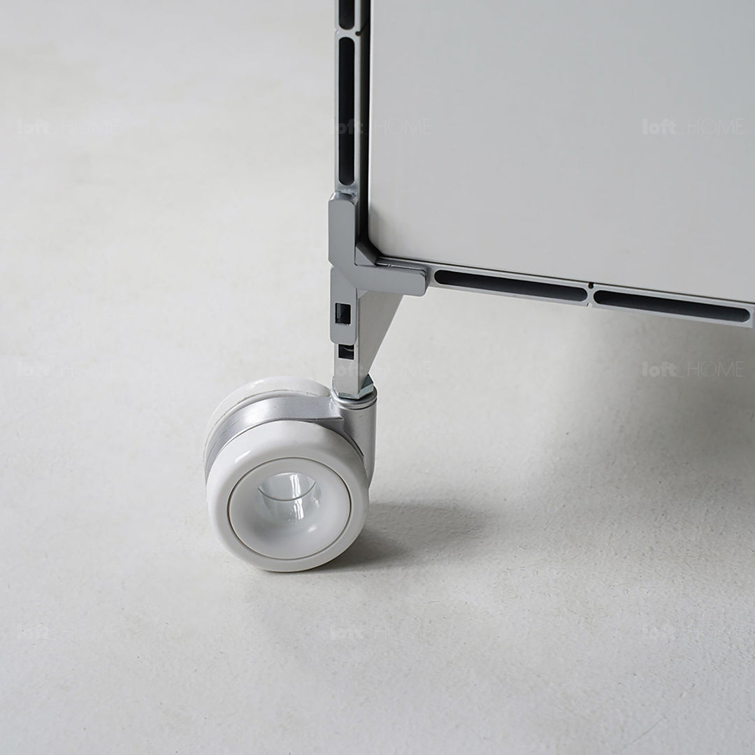 Industrial aluminium wheeled trolley side table cube color swatches.