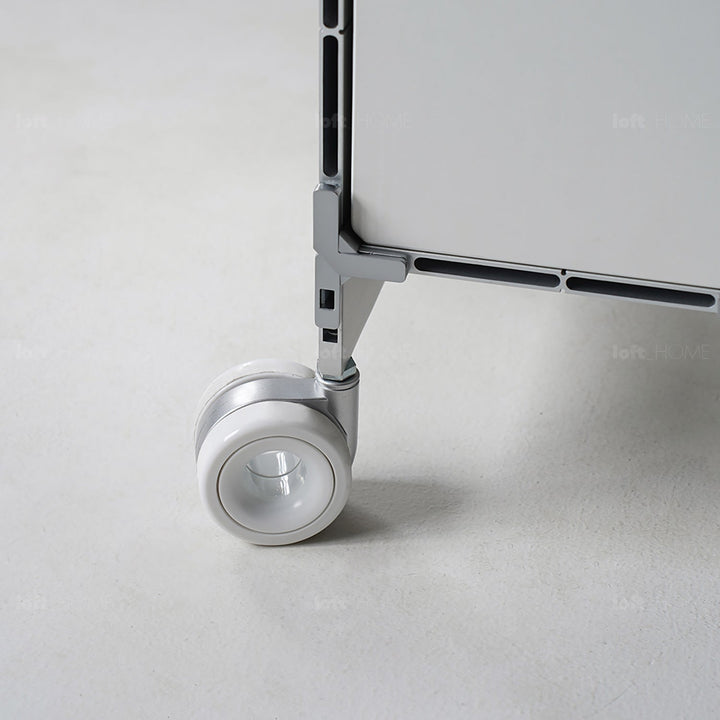 Industrial aluminium wheeled trolley side table cube color swatches.