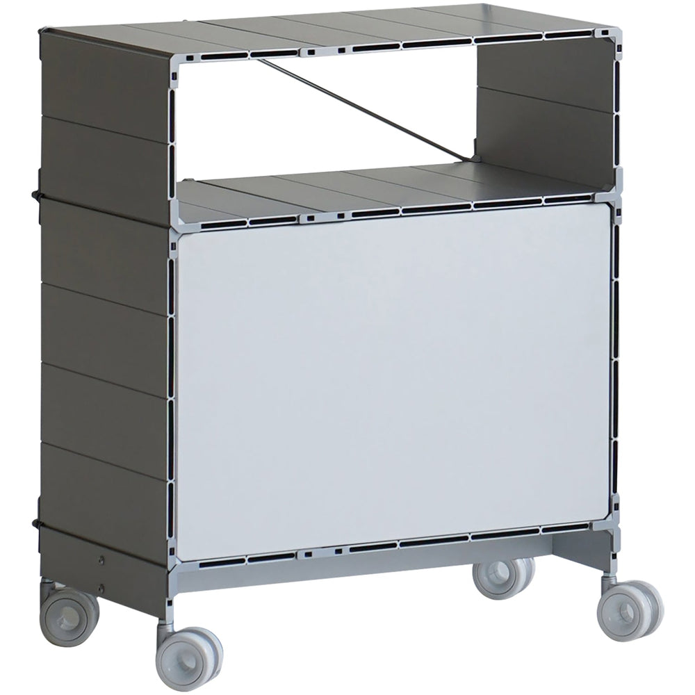 Industrial aluminium wheeled trolley side table cube in white background.
