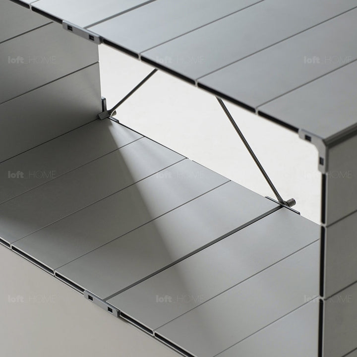 Industrial aluminium wheeled trolley side table cube in details.