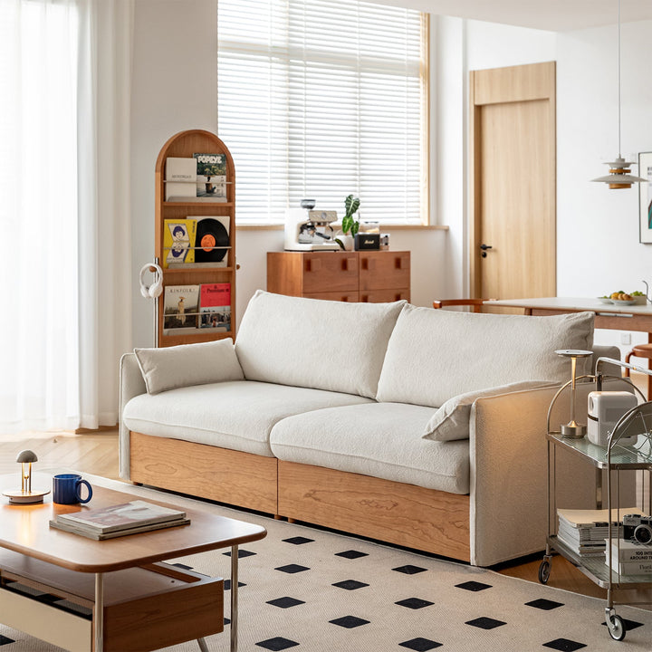 Japandi Boucle Fabric Pine Wood Storage 2 Seater Sofa KANGAROO