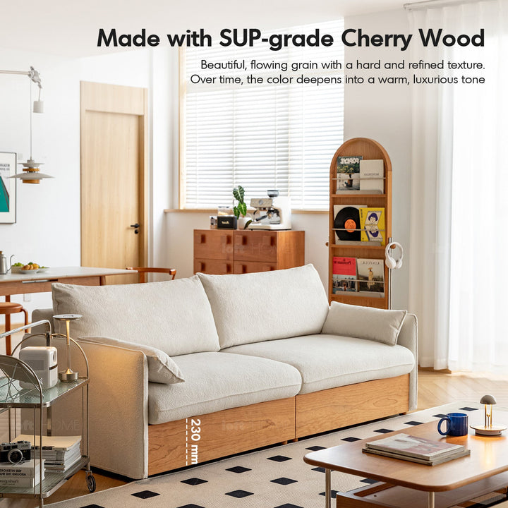 Japandi boucle fabric pine wood storage 4 seater sofa kangaroo conceptual design.