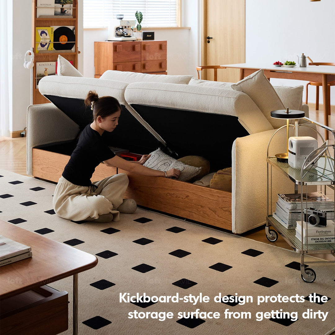 Japandi boucle fabric pine wood storage 4 seater sofa kangaroo layered structure.