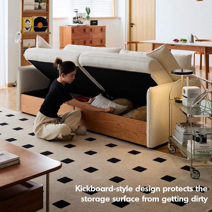 Japandi boucle fabric pine wood storage 4 seater sofa kangaroo layered structure.