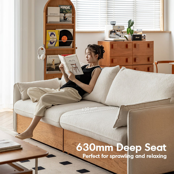 Japandi Boucle Fabric Pine Wood Storage 2 Seater Sofa KANGAROO