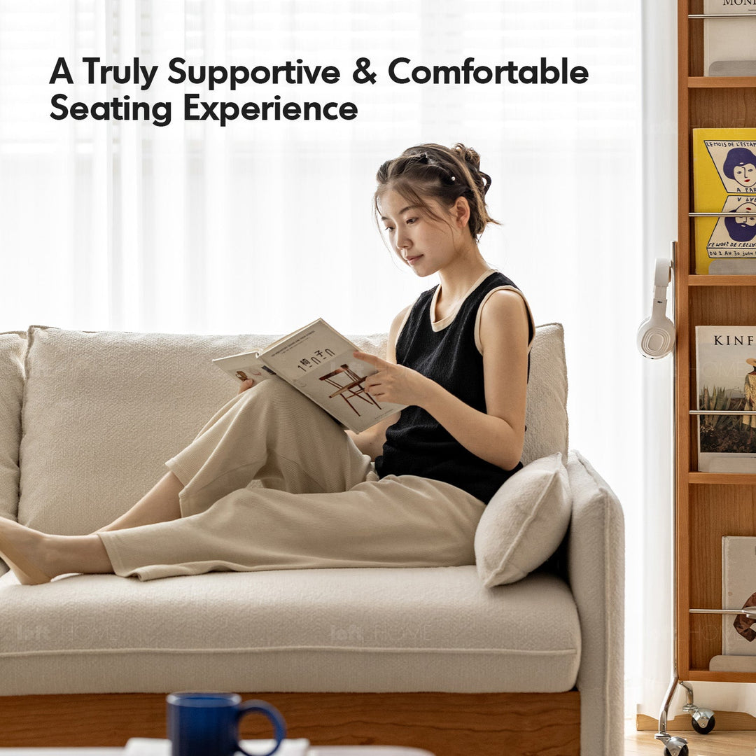 Japandi Boucle Fabric Pine Wood Storage 2 Seater Sofa KANGAROO