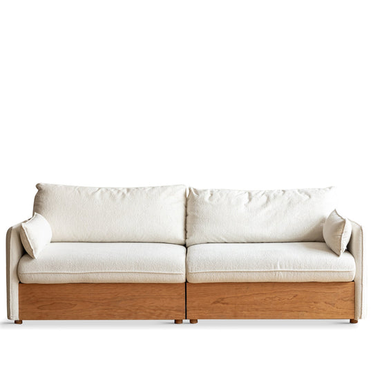 Japandi boucle fabric pine wood storage 3 seater sofa kangaroo in white background.
