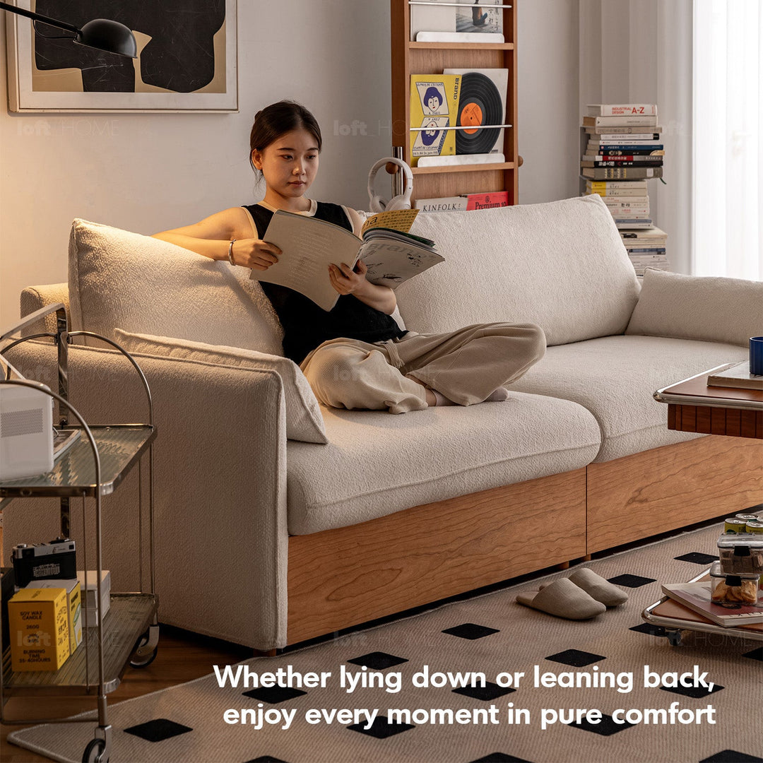 Japandi Boucle Fabric Pine Wood Storage 2 Seater Sofa KANGAROO