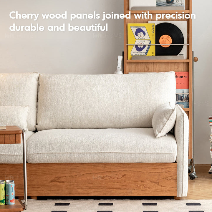 Japandi boucle fabric pine wood storage 4 seater sofa kangaroo detail 19.
