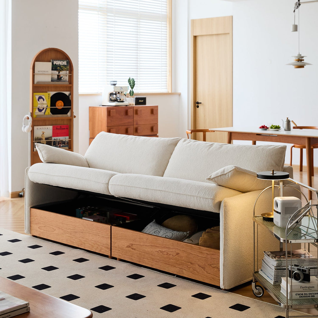 Japandi boucle fabric pine wood storage 4 seater sofa kangaroo detail 27.