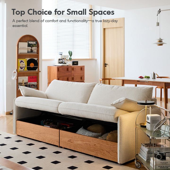 Japandi Boucle Fabric Pine Wood Storage 2 Seater Sofa KANGAROO