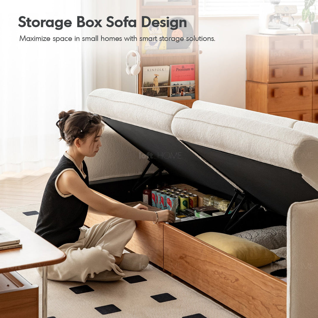 Japandi Boucle Fabric Pine Wood Storage 2 Seater Sofa KANGAROO