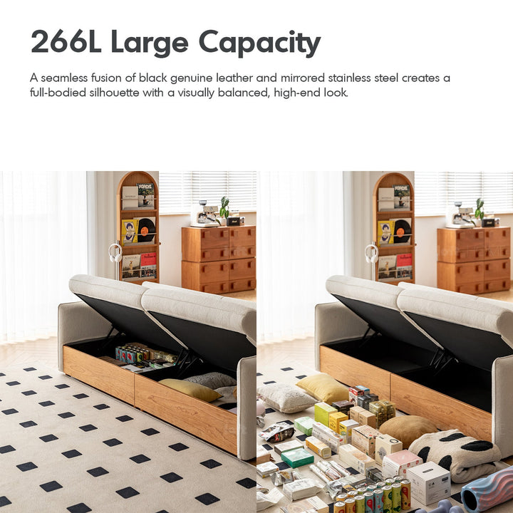 Japandi boucle fabric pine wood storage 4 seater sofa kangaroo in details.