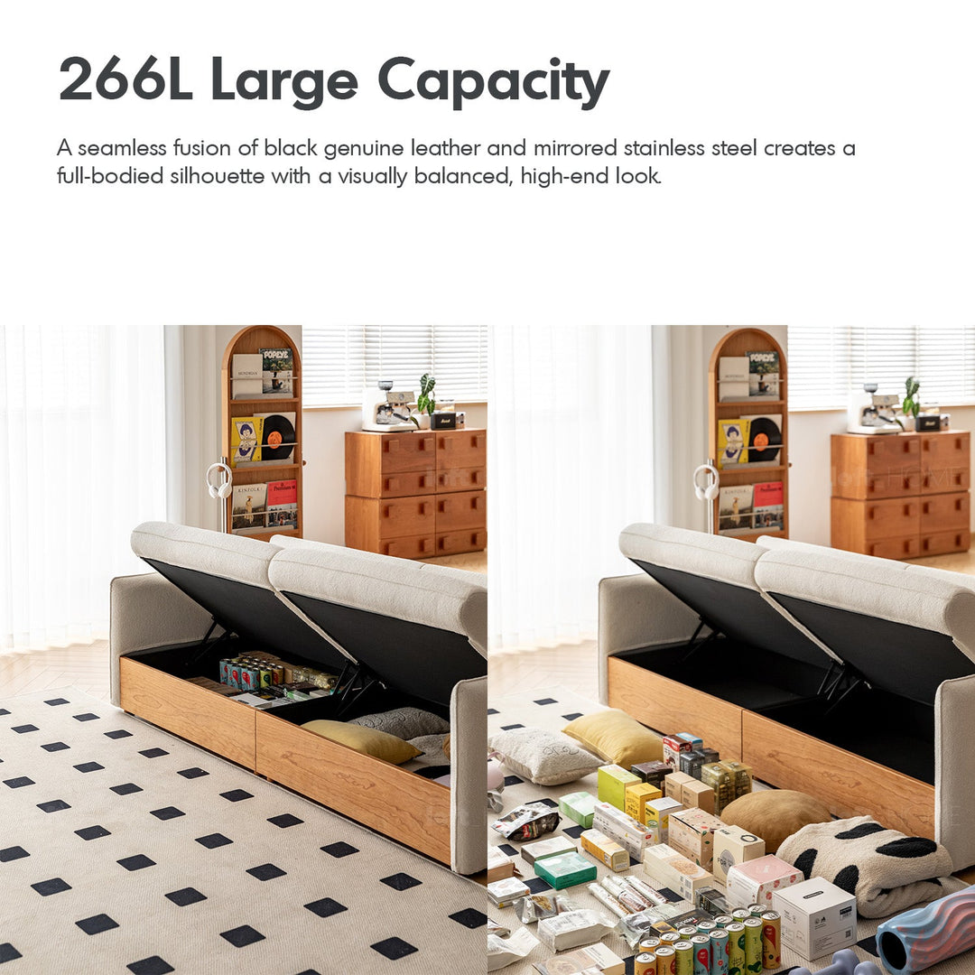 Japandi boucle fabric pine wood storage 4 seater sofa kangaroo in details.