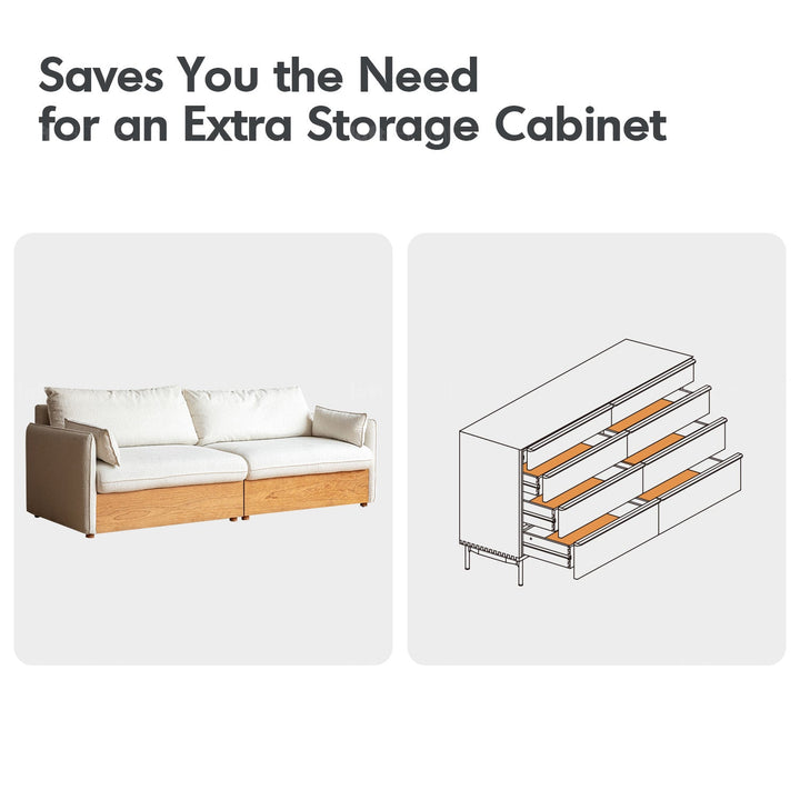 Japandi Boucle Fabric Pine Wood Storage 2 Seater Sofa KANGAROO