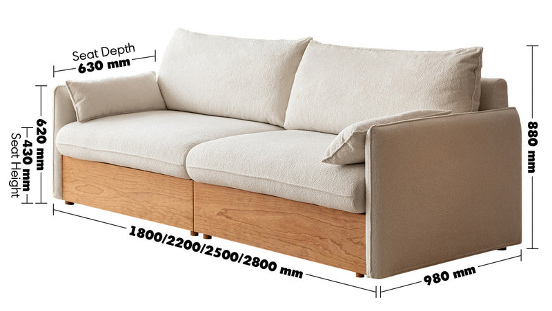 Scandinavian Boucle Fabric Pine Wood Storage 2 Seater Sofa KANGAROO Size Chart