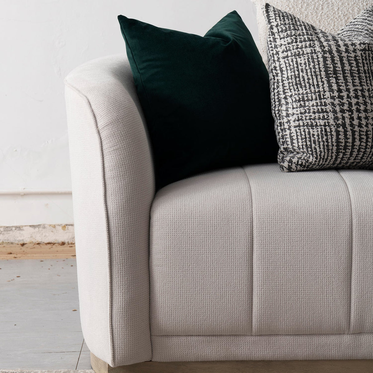 Japandi cotton fabric 1 seater sofa panna in real life style.