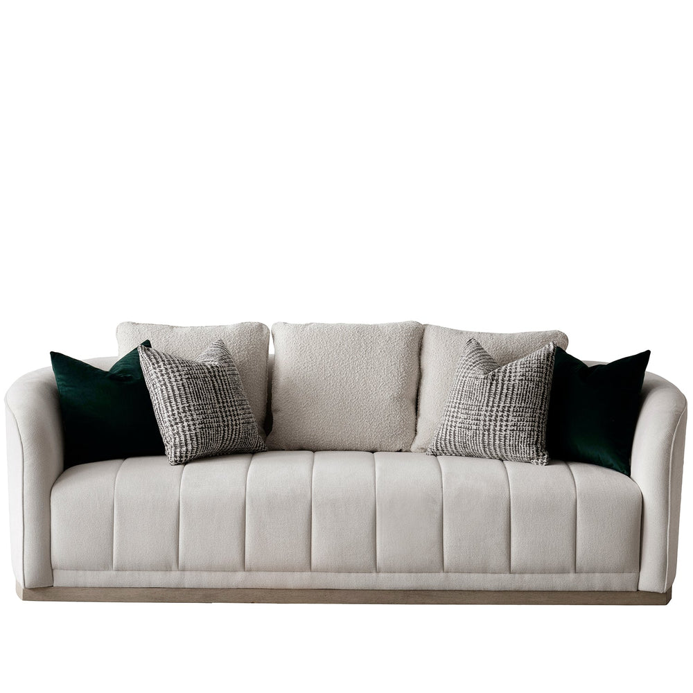 Japandi cotton fabric 3 seater sofa panna in white background.