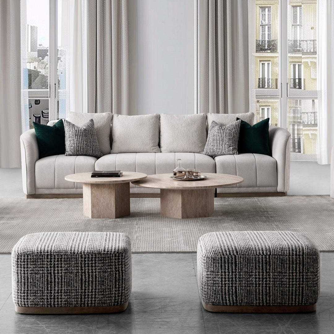 Japandi mixed weave fabric ottoman panna primary product view.