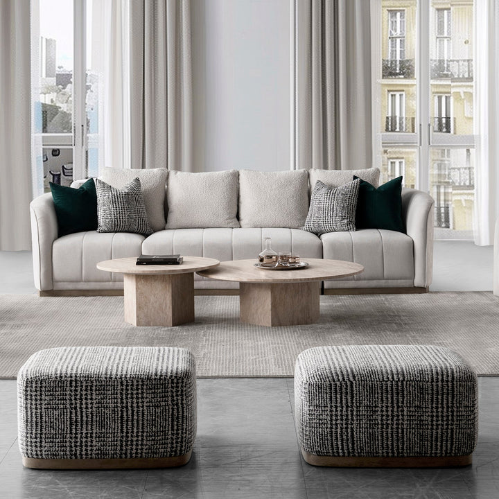 Japandi mixed weave fabric ottoman panna primary product view.