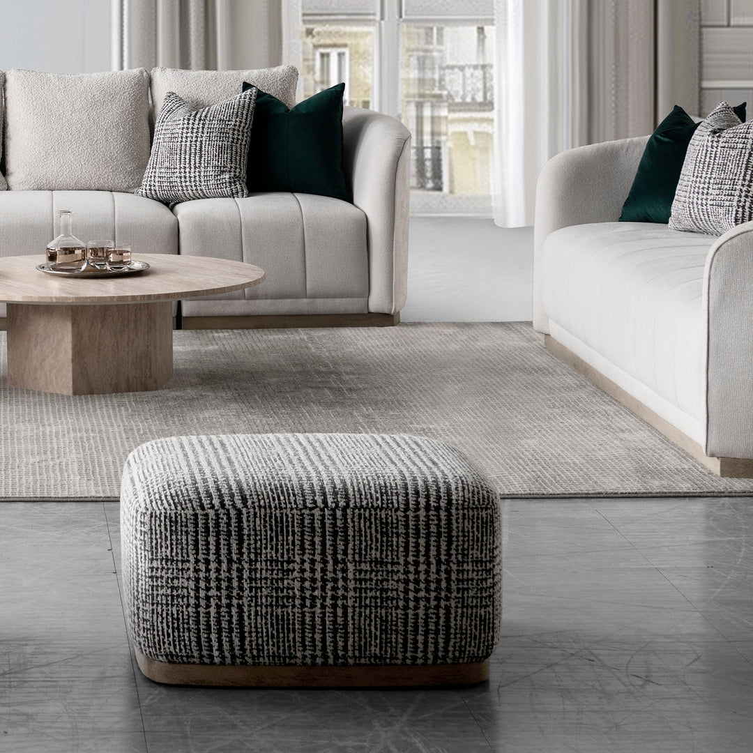 Japandi mixed weave fabric ottoman panna in real life style.