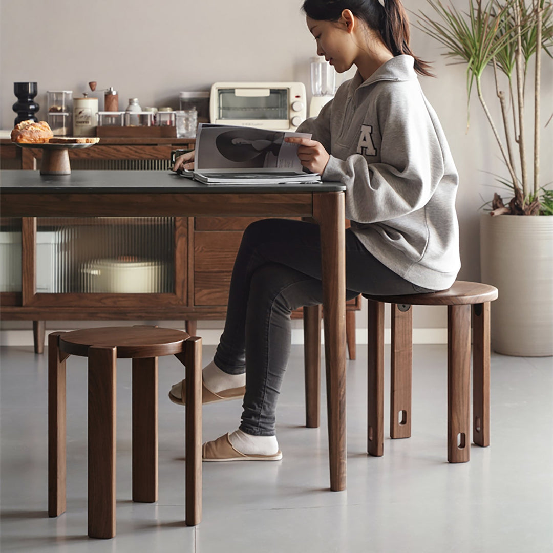Japandi rubber wood stackable stool with wheels friday in details.