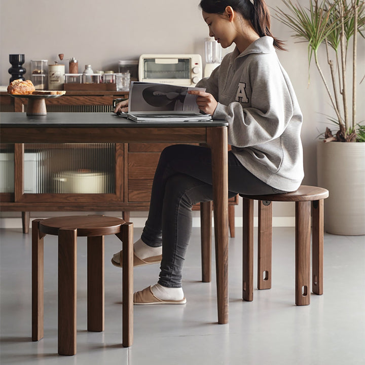 Japandi rubber wood stackable stool with wheels friday in details.