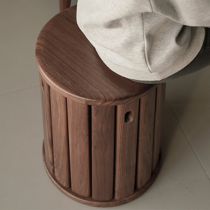Japandi rubber wood stackable stool with wheels friday in close up details.
