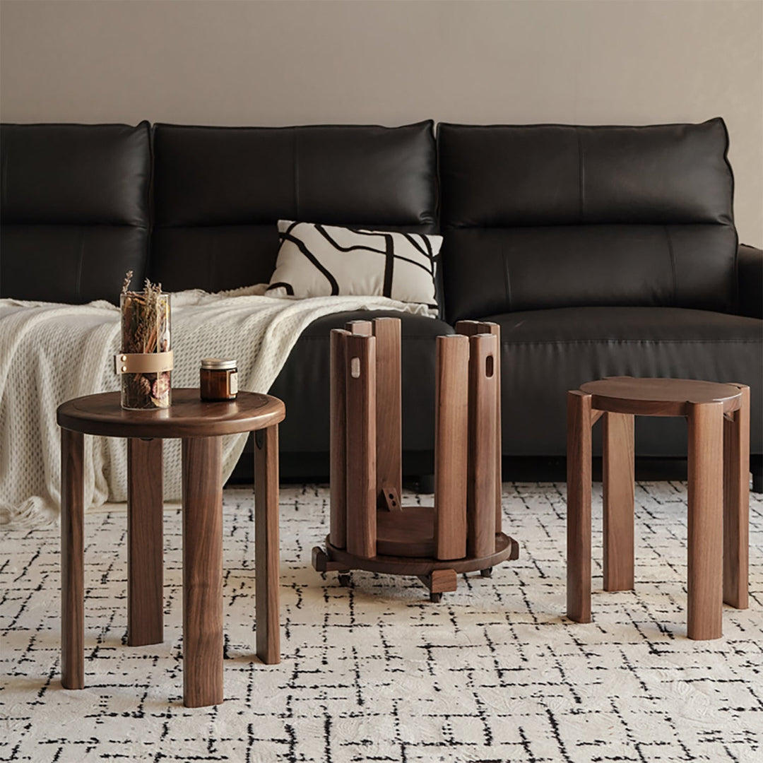 Japandi rubber wood stackable stool with wheels friday in panoramic view.
