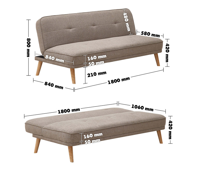 Scandinavian Fabric Sofa Bed FLEXI Size Chart