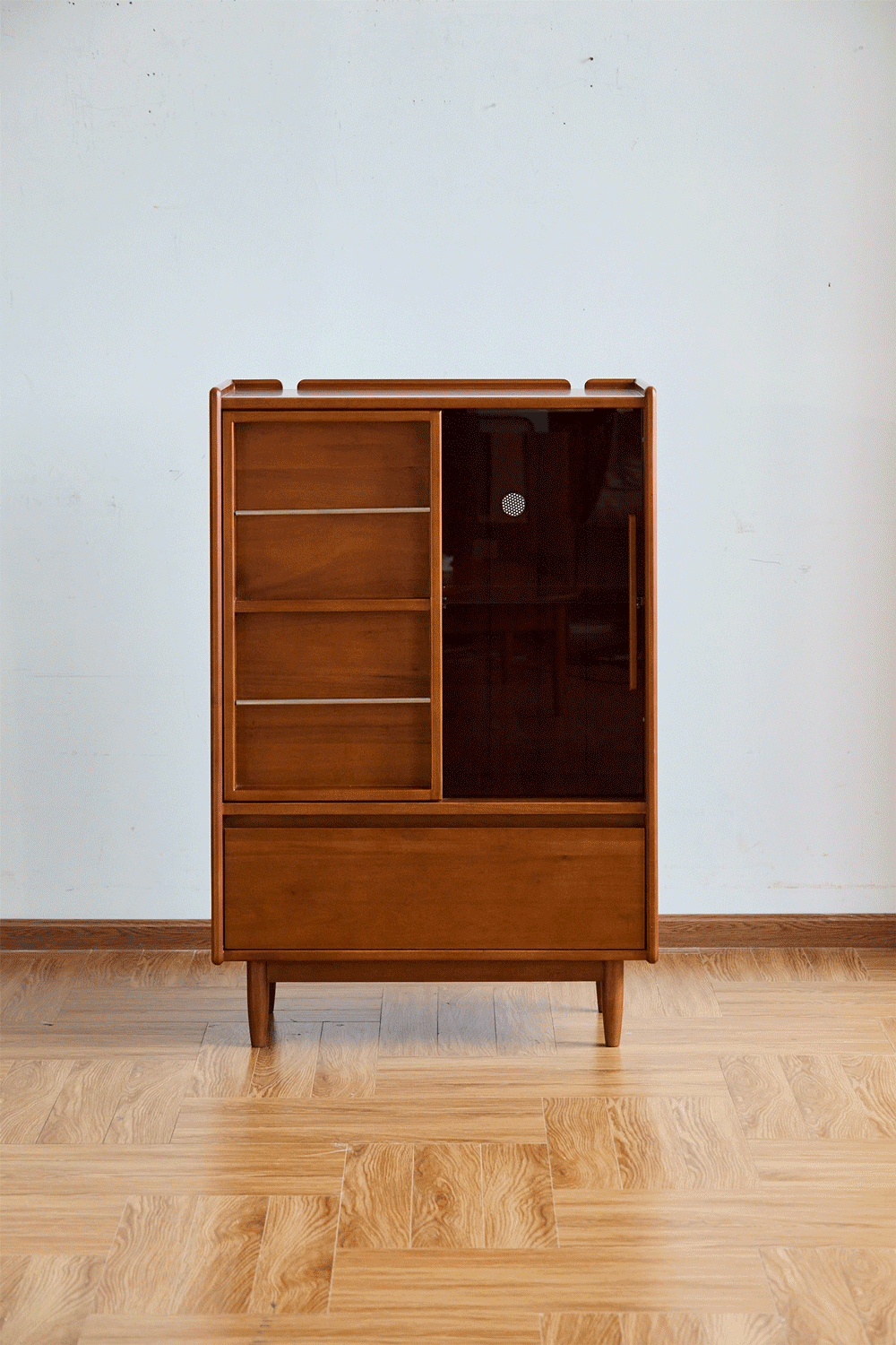 Vintage boxwood side cabinet vista in real life style.