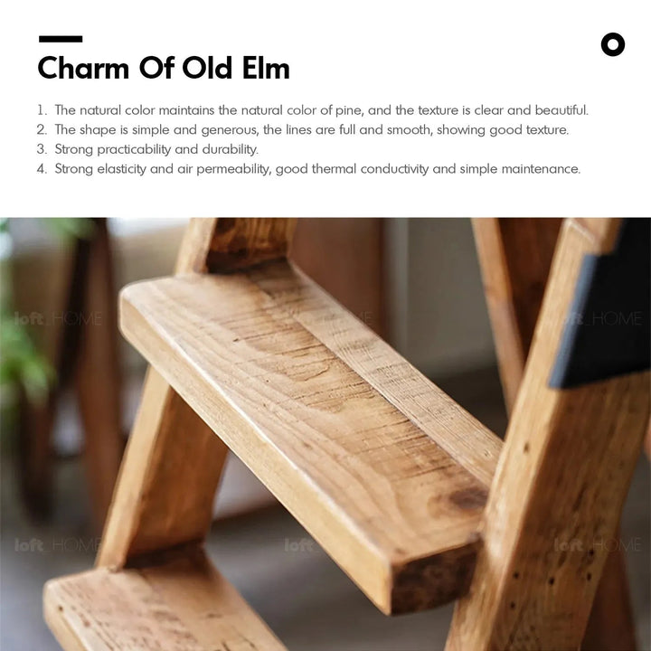 Rustic elm wood ladder elevate elm in close up details.