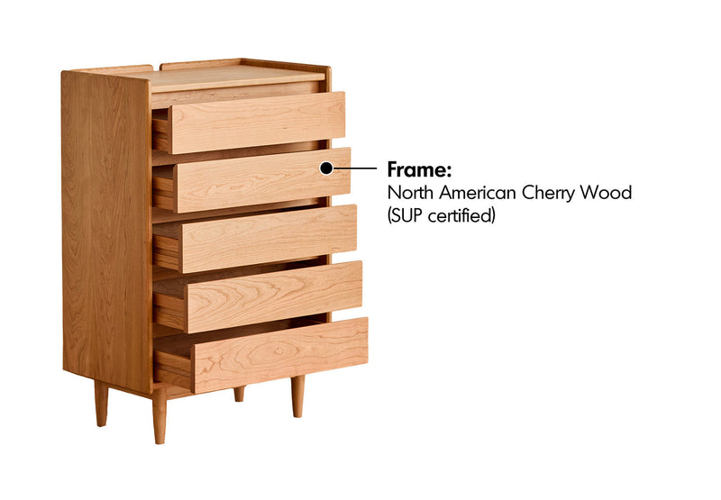 Scandinavian Cherry Wood Chest Of 5 Drawers VISTA Material Details Chart