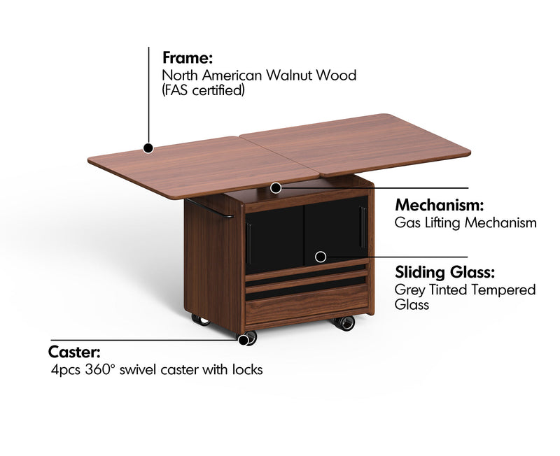 Japandi Walnut Wood Extendable Height Adjustable Coffee Table MIRROR LAKE Material Details Chart