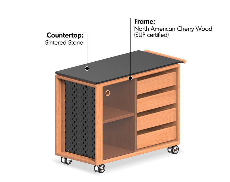 Scandinavian Cherry Wood Wheeled Trolley Side Table BUS Material Details Chart