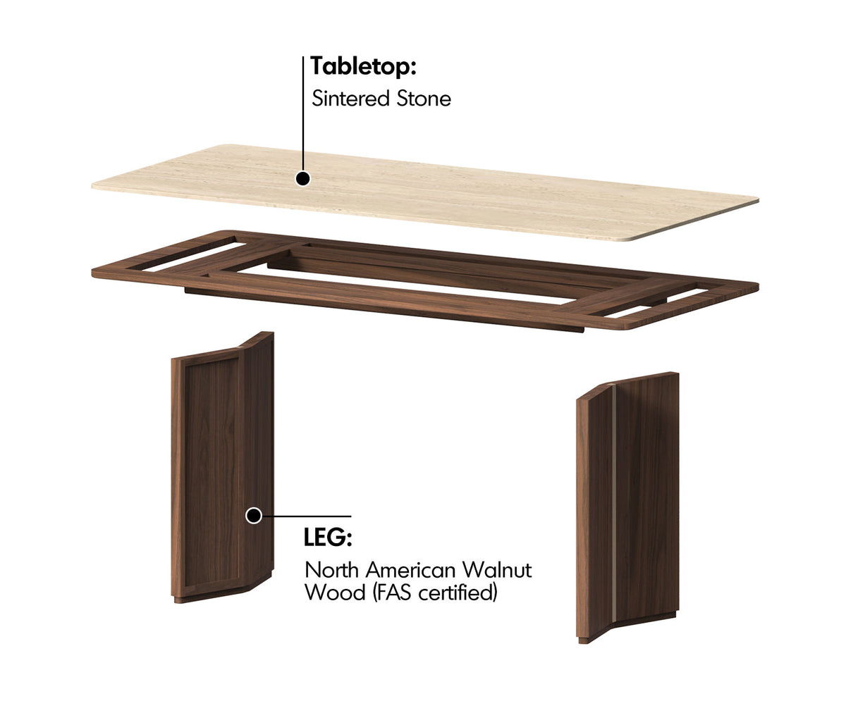 Japandi Walnut Wood Sintered Stone Dining Table STRATON Material Details Chart