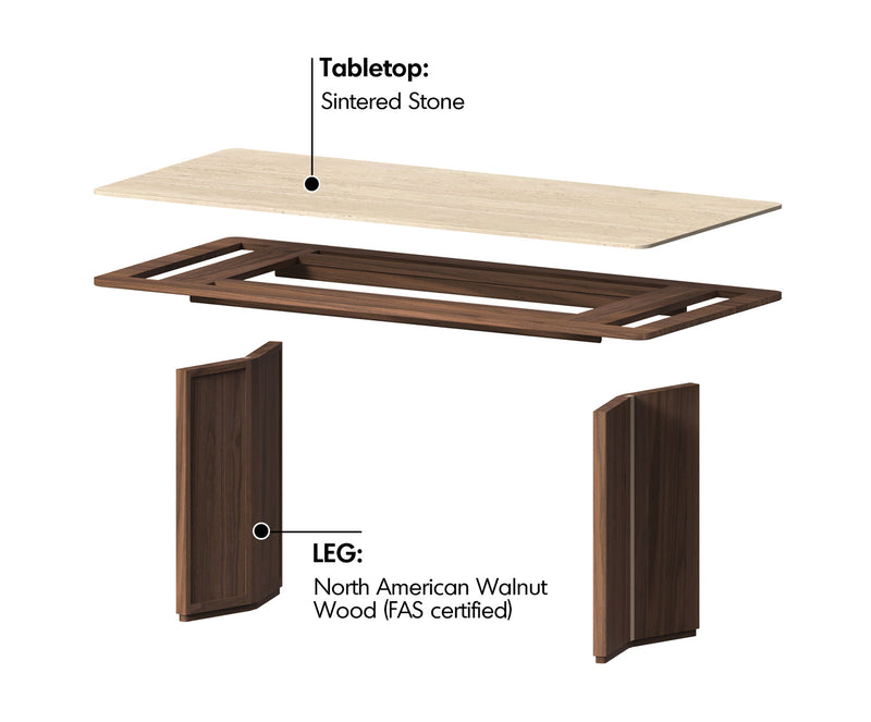 Japandi Walnut Wood Sintered Stone Dining Table STRATON Material Details Chart