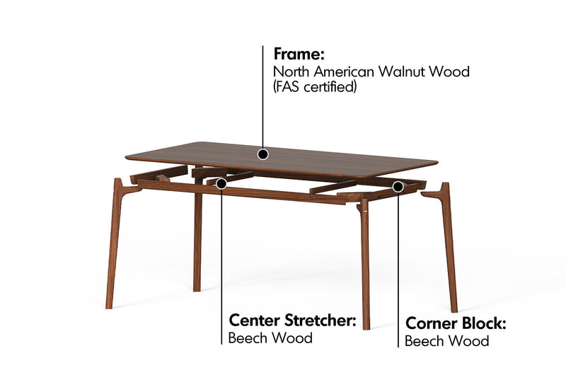 Japandi Walnut Wood Dining Table CHRONO Material Details Chart