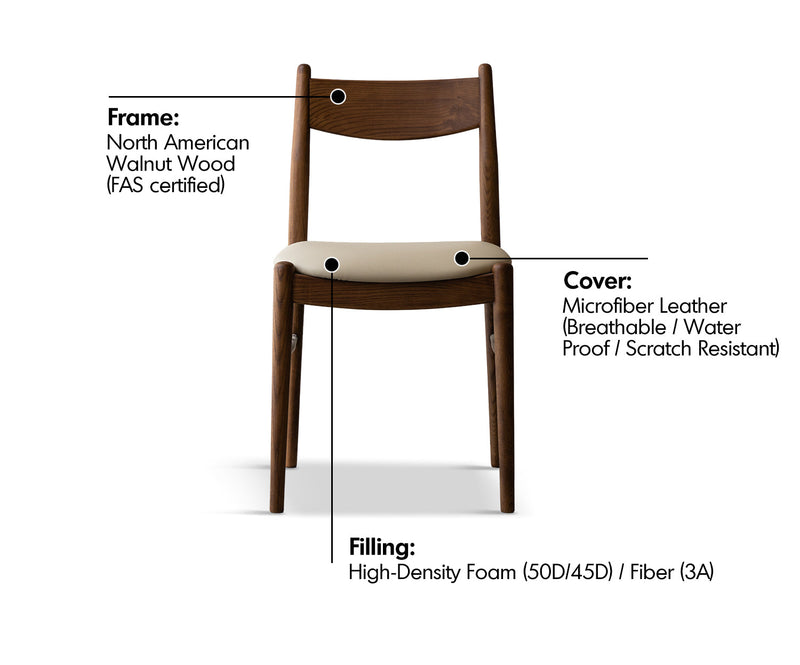 Japandi Walnut Wood Dining Chair PUREA Material Details Chart