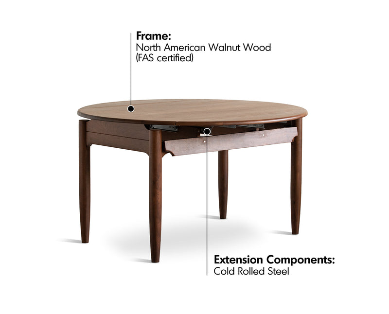 Japandi Walnut Wood Extendable Dining Table MINIMA Material Details Chart