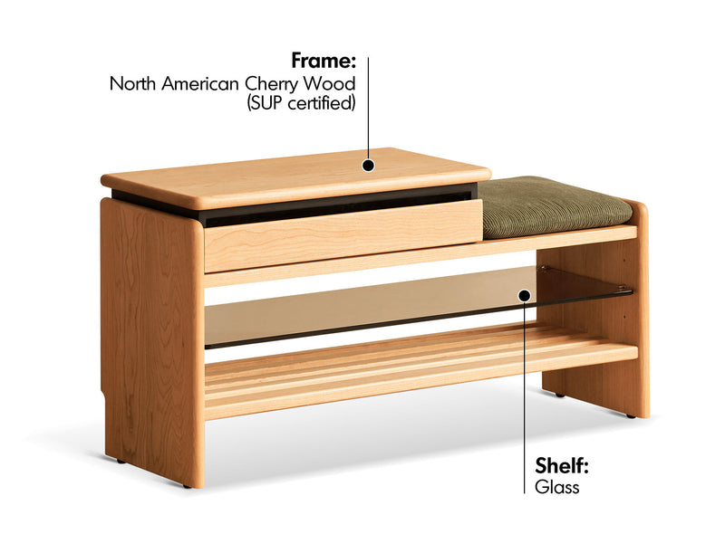 Scandinavian Cherry Wood Shoe Changing Bench MORI Material Details Chart