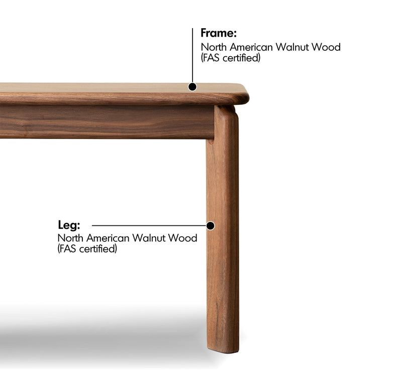 Japandi Walnut Wood Dining Bench RIVERIN Material Details Chart