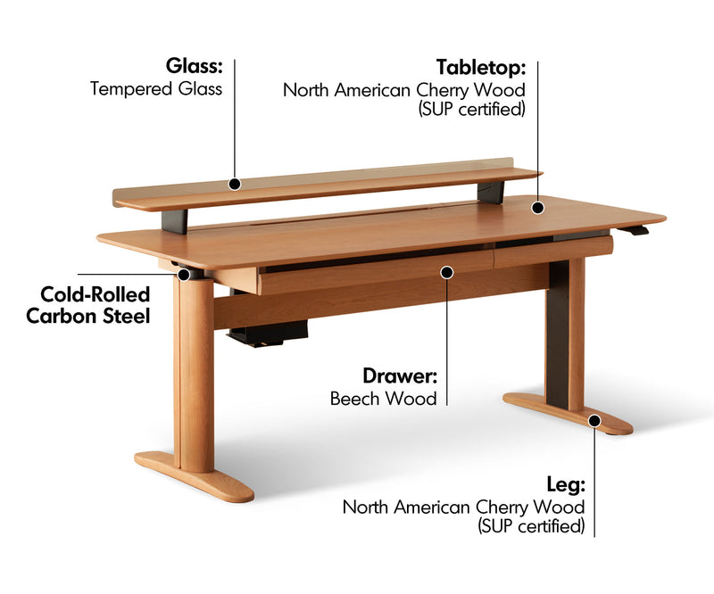 Scandinavian Cherry Wood Electric Height Adjustable Study Table UP Material Details Chart
