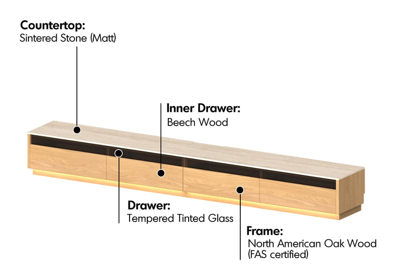Scandinavian Oak Wood TV Console FLOATING LIGHT Material Details Chart